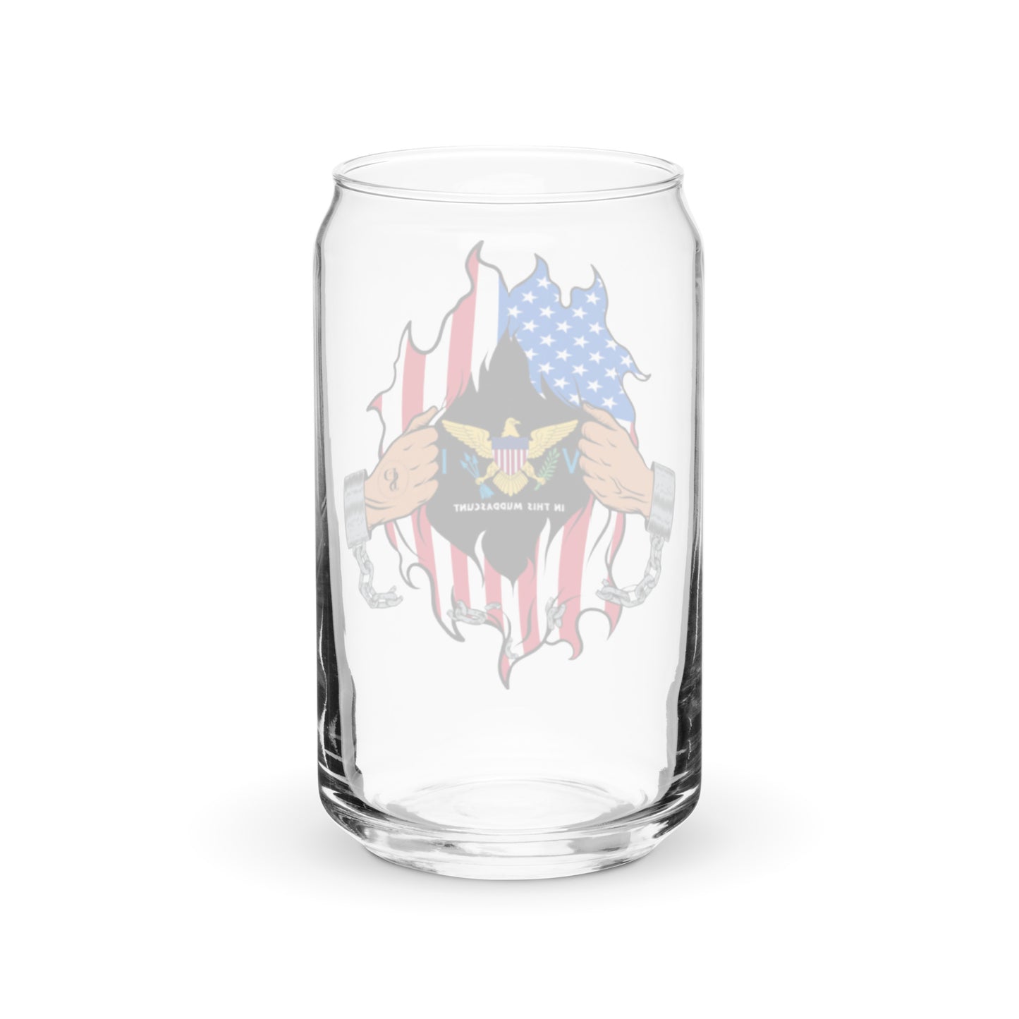 a glass with an american flag and eagle on it