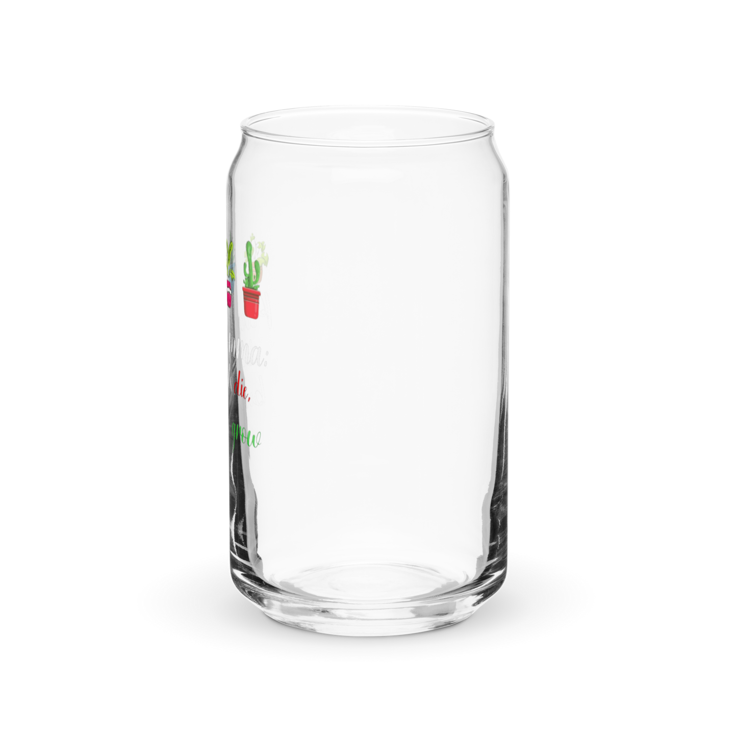 a clear glass with a green and red flower on it