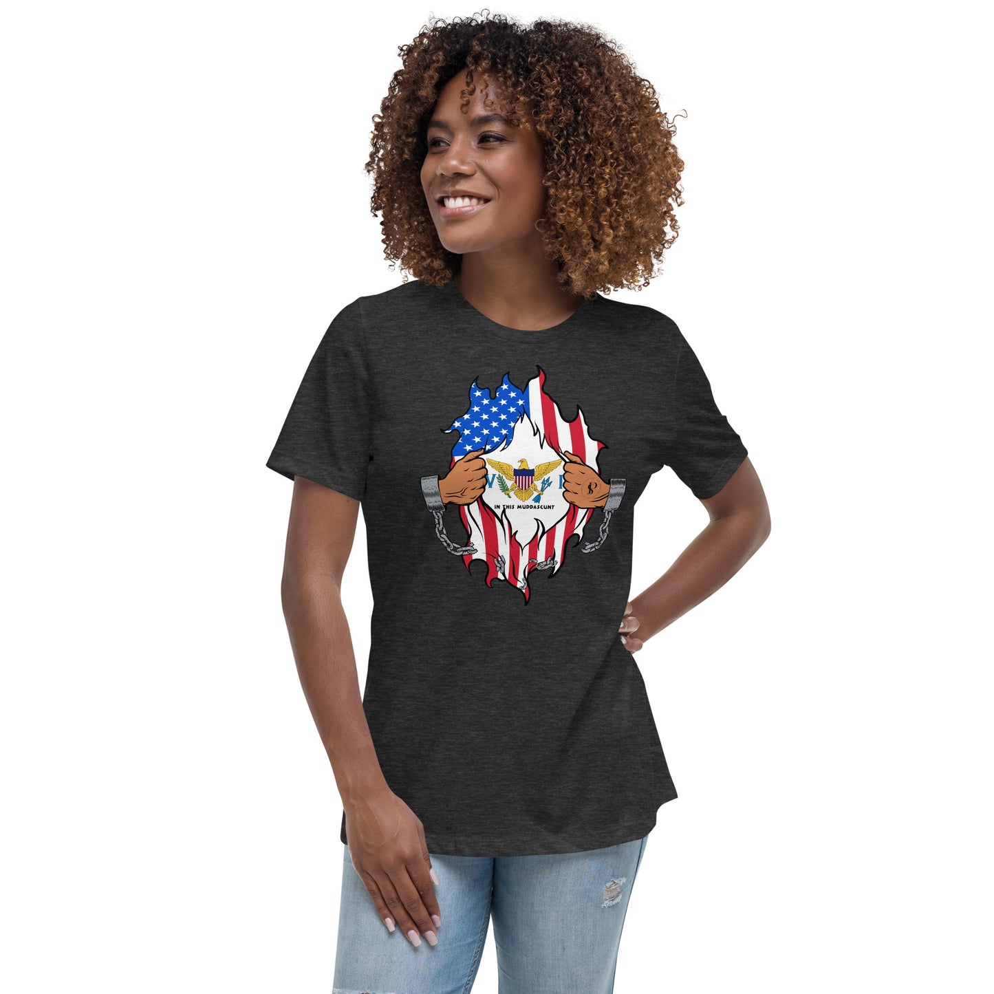 a woman wearing a t - shirt with an american flag design