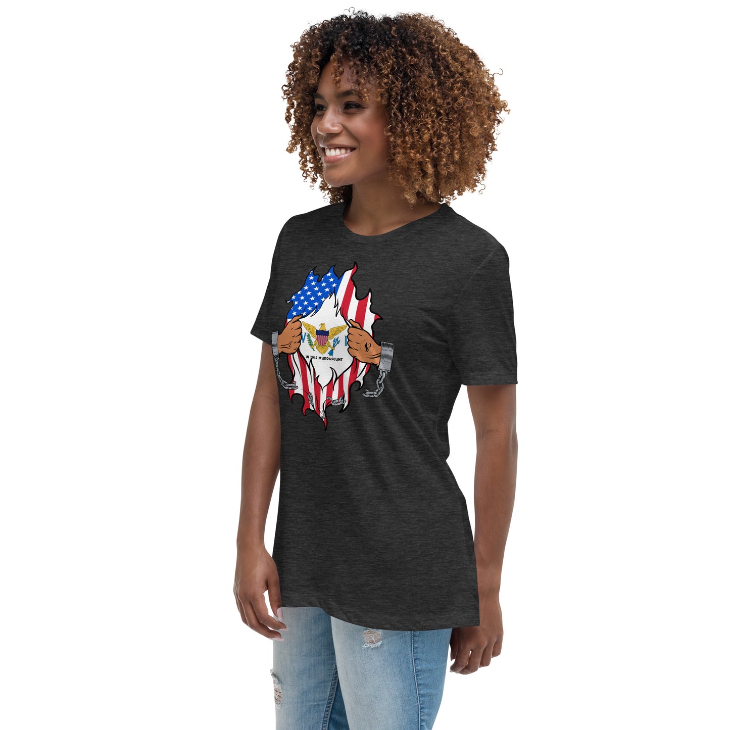 a woman wearing a t - shirt with an american flag and a dog on it
