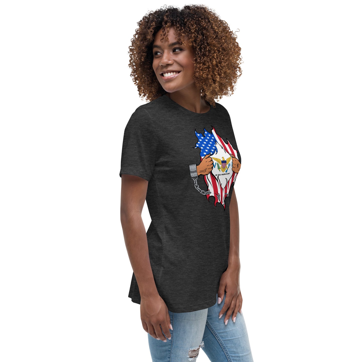 a woman wearing a black t - shirt with an american flag on it