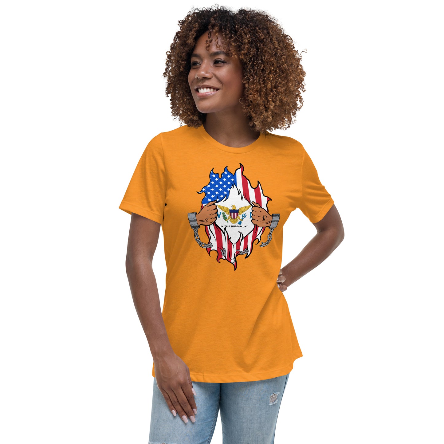 a woman wearing an american flag t - shirt