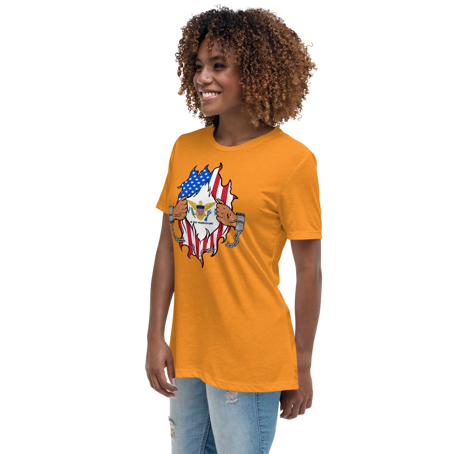 a woman wearing an orange shirt with an american flag on it