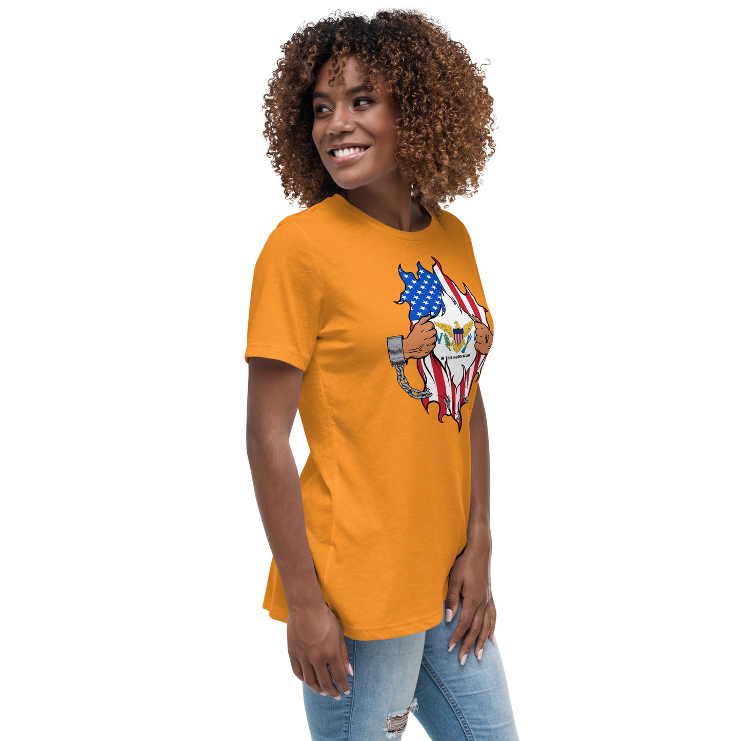 a woman wearing an orange t - shirt with an american flag on it