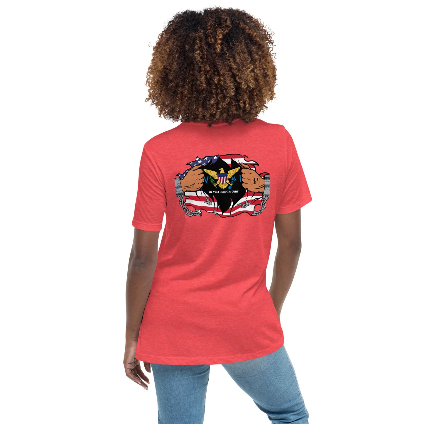 a woman wearing a red t - shirt with a black cat on it