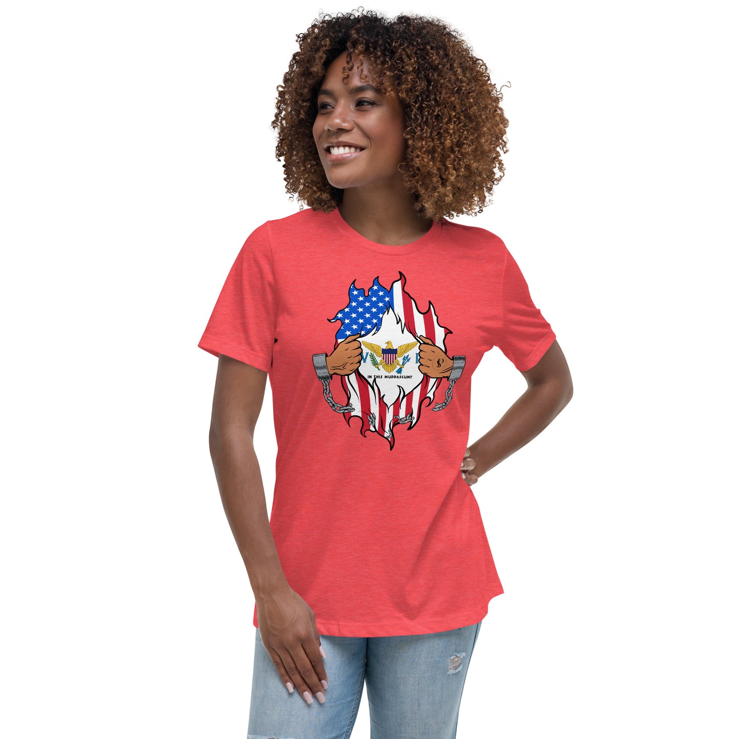 a woman wearing an american flag t - shirt