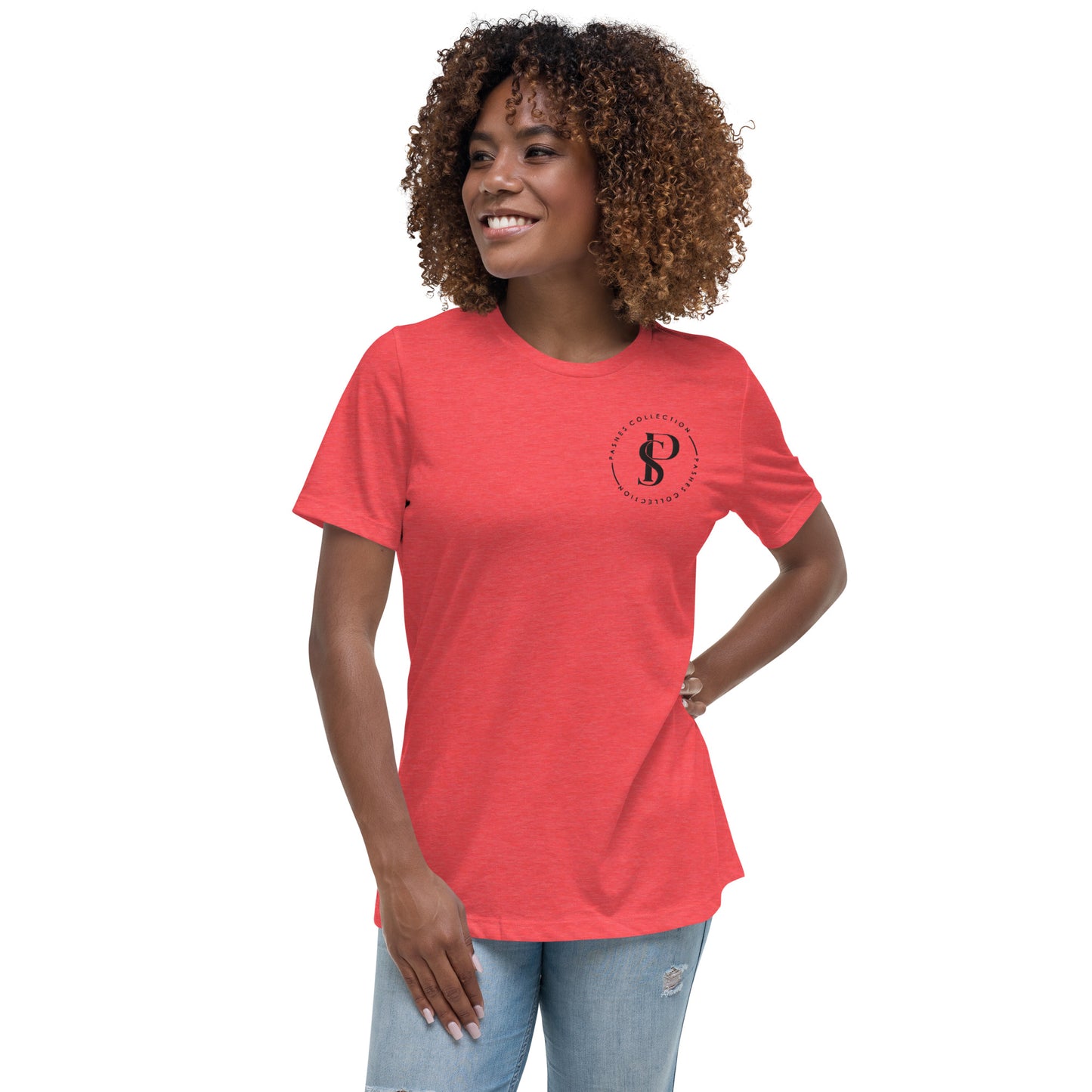 a woman wearing a red t - shirt with the letter s on it