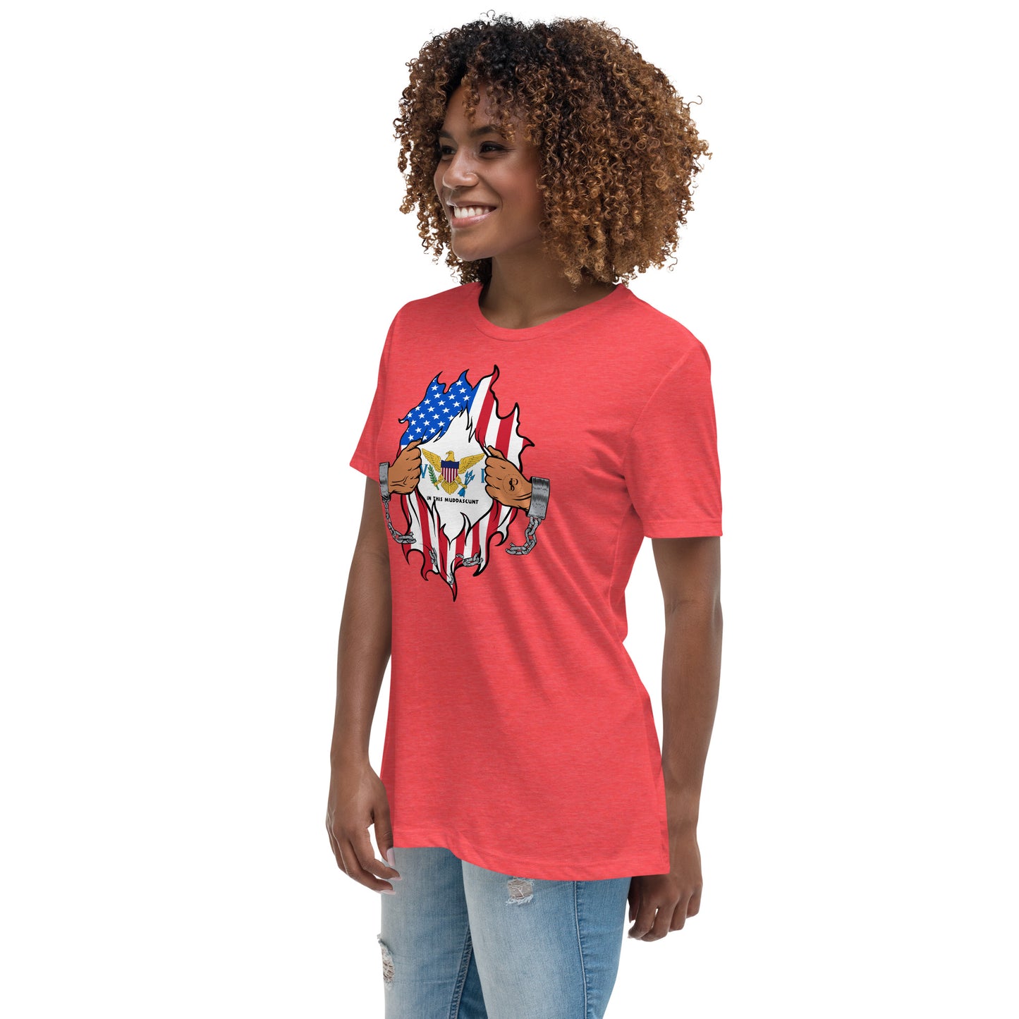 a woman wearing an american flag t - shirt