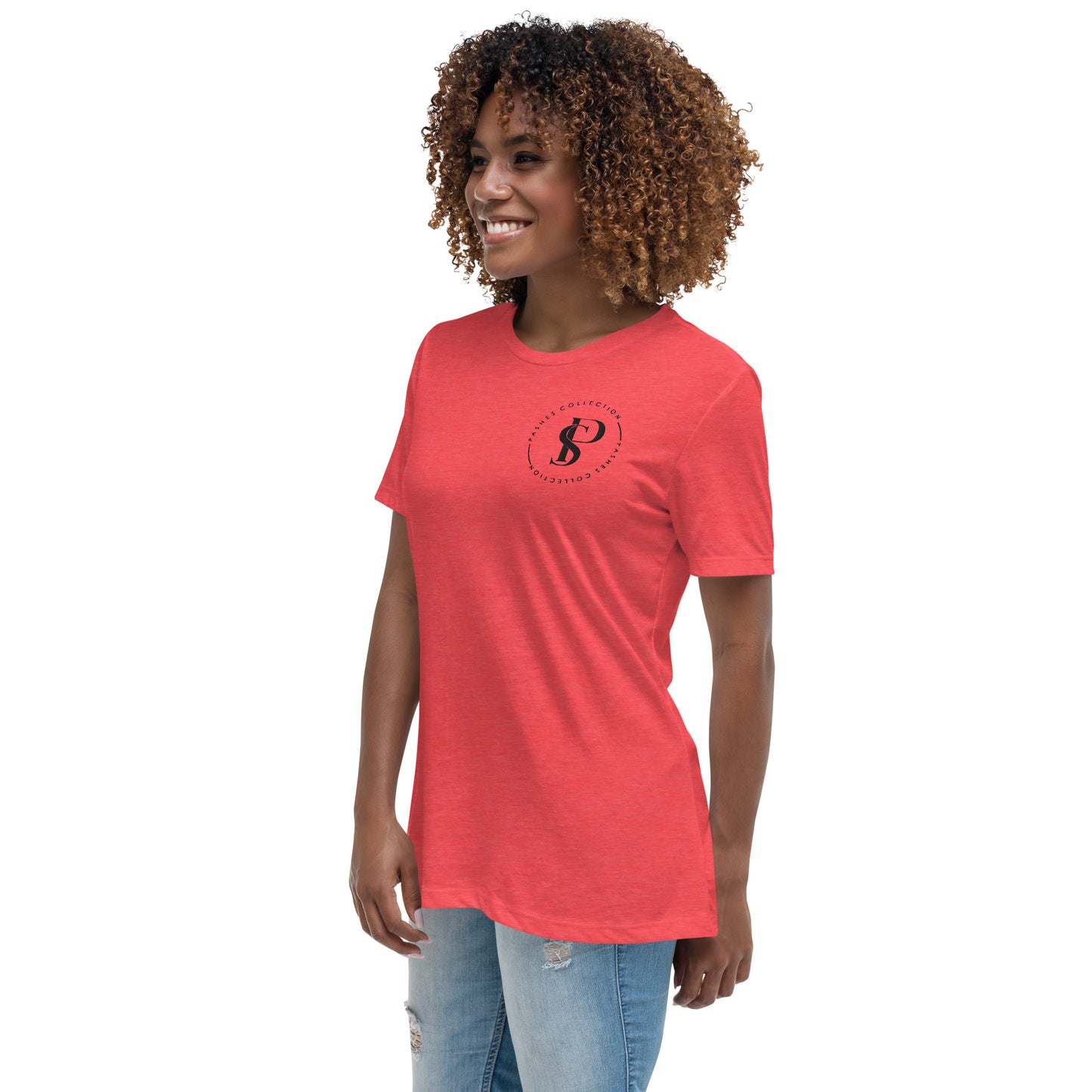 a woman wearing a red t - shirt and jeans