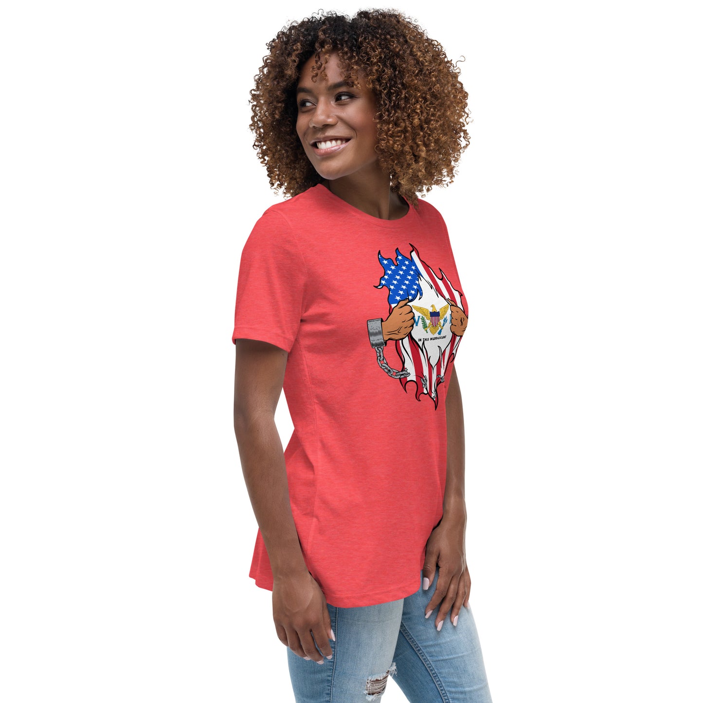 a woman wearing a red shirt with an american flag on it