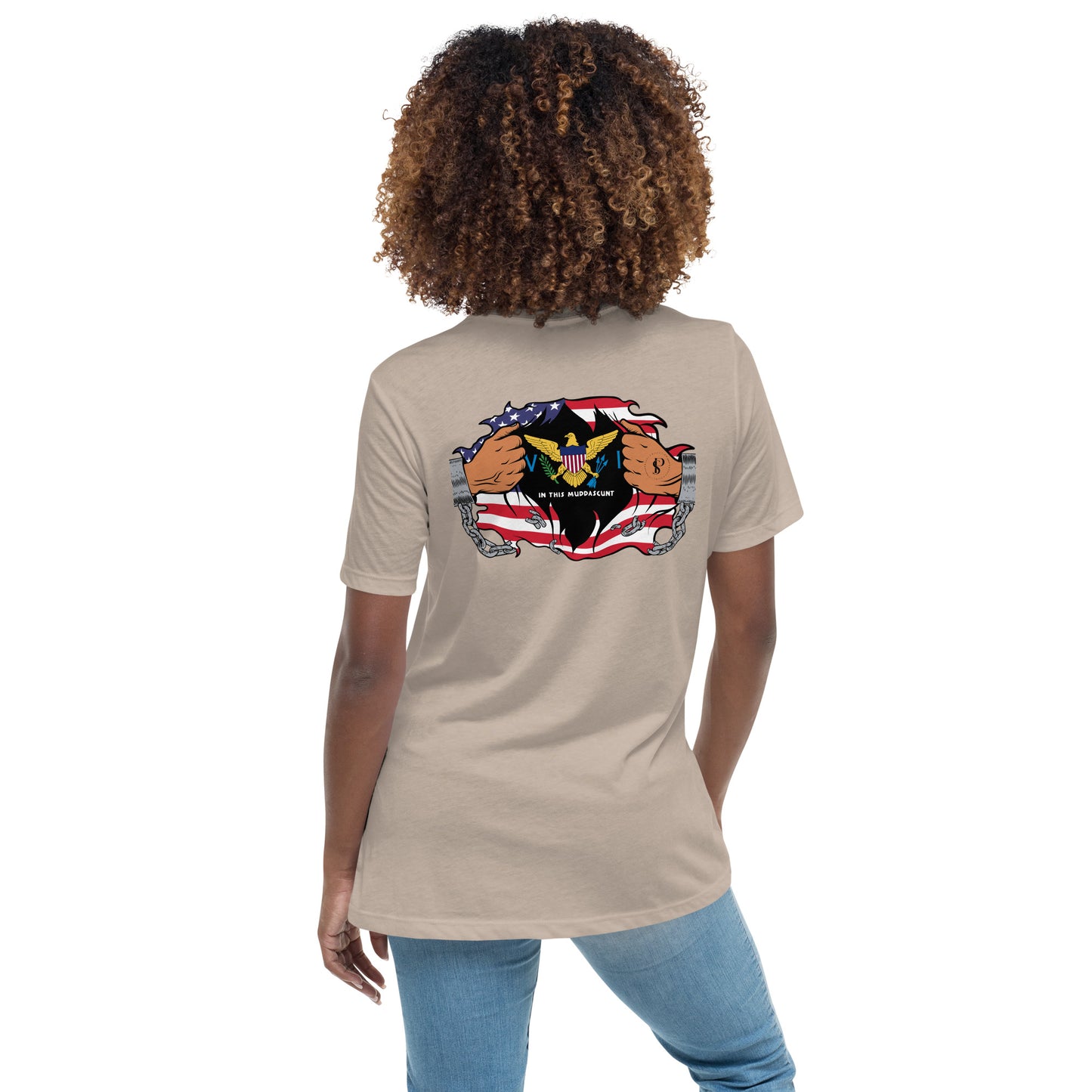 a woman wearing a t - shirt with an eagle and flag on it