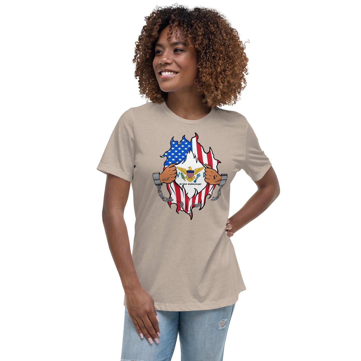 a woman wearing an american flag t - shirt