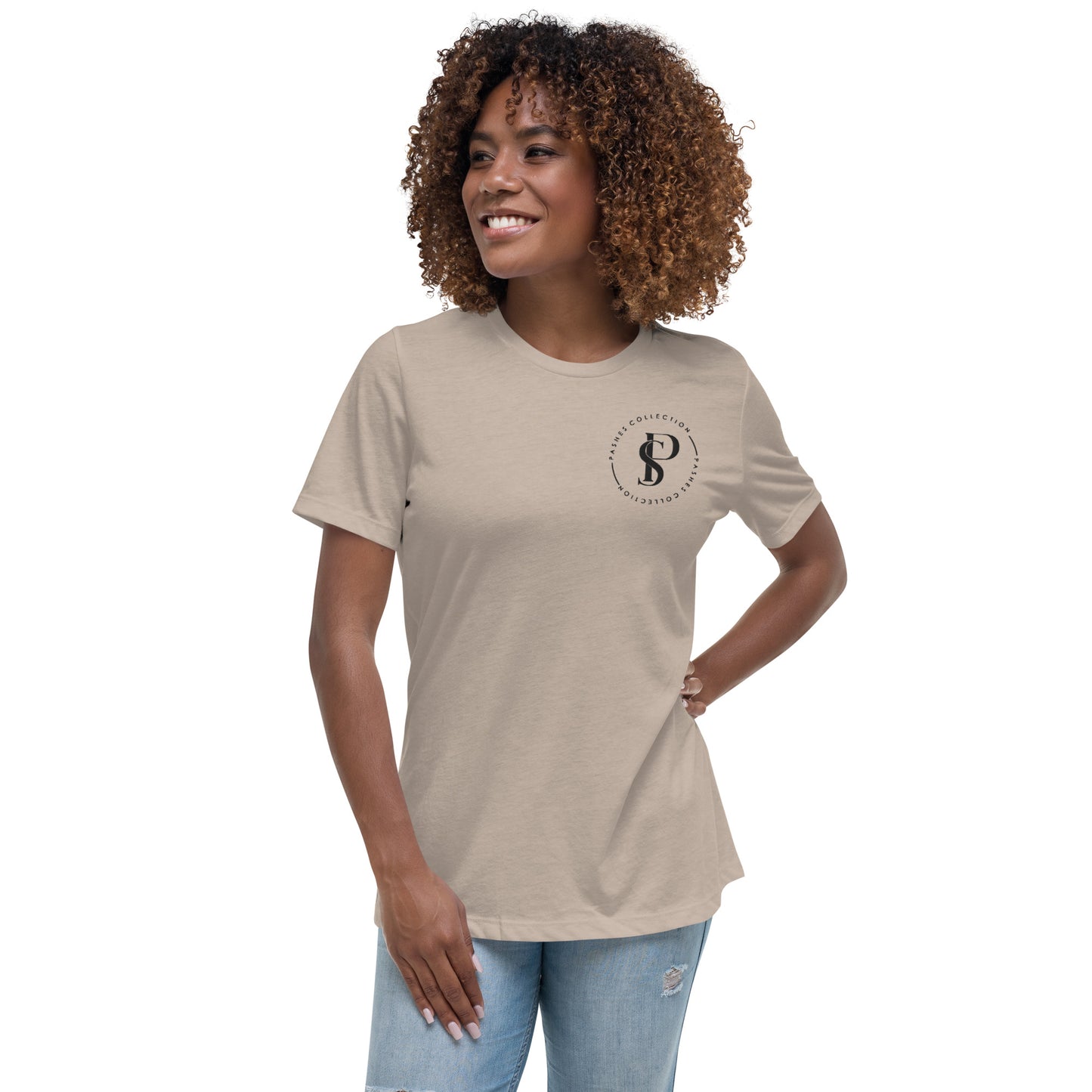 a woman wearing a t - shirt with the letter s on it