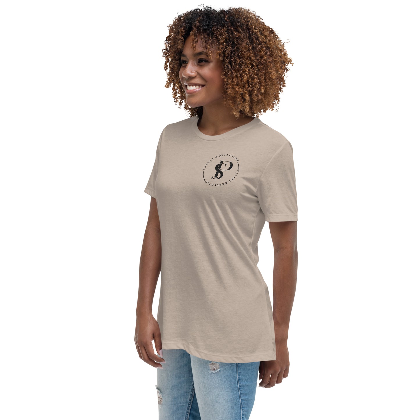 a woman wearing a t - shirt with a logo on it