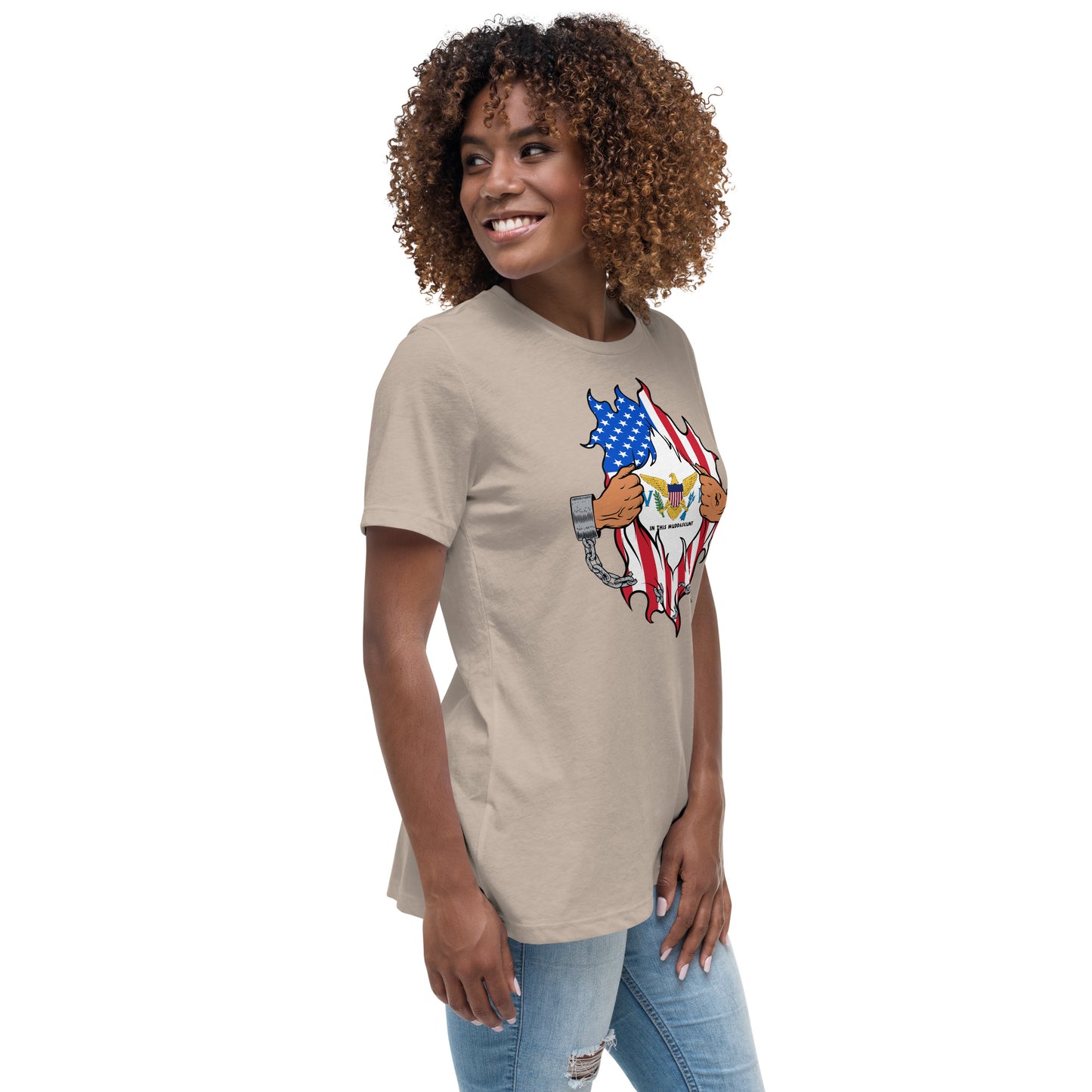 a woman wearing a t - shirt with an american flag design