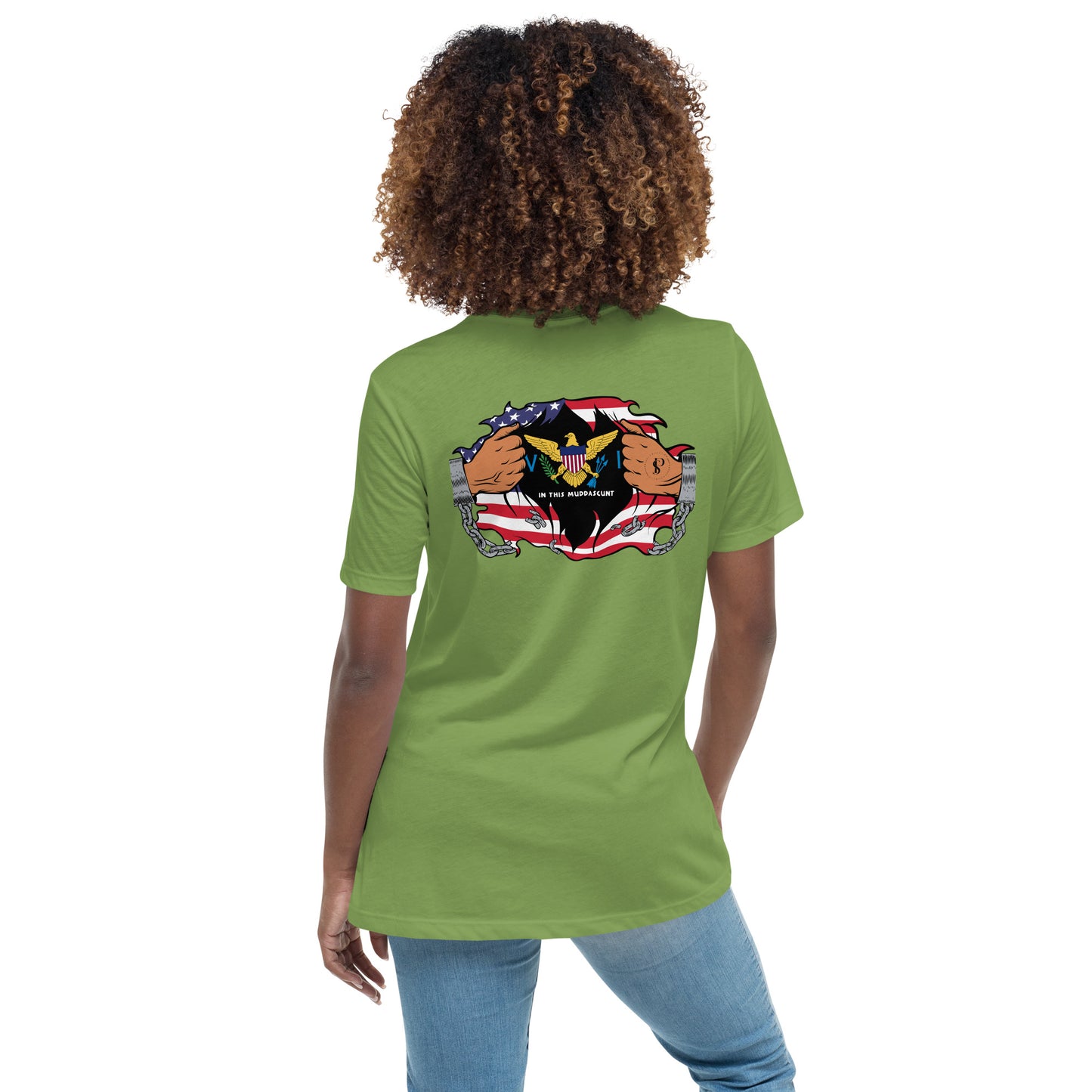 a woman wearing a green t - shirt with an american flag and two dogs on