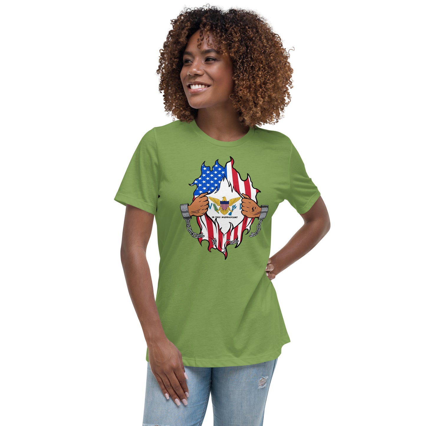 a woman wearing a green t - shirt with an american flag design