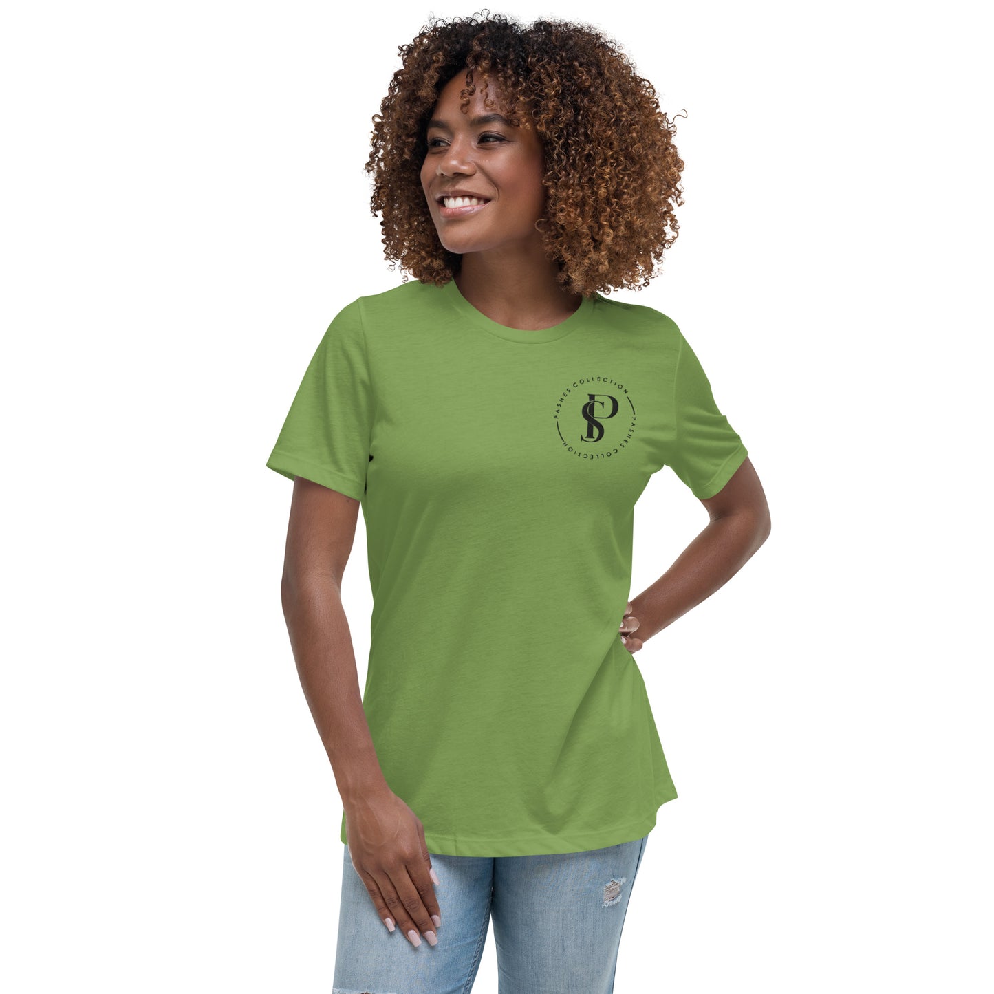 a woman wearing a green t - shirt with a logo on it