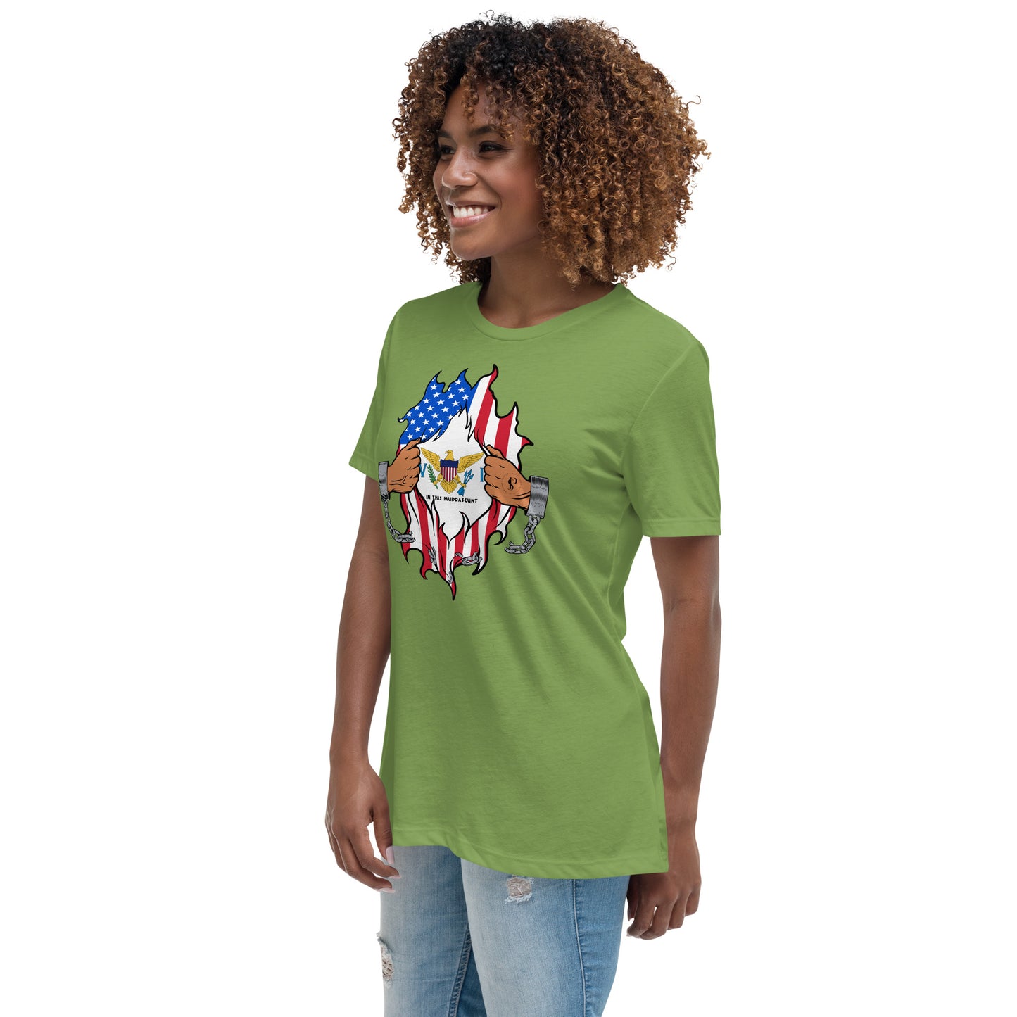 a woman wearing a green t - shirt with an american flag design