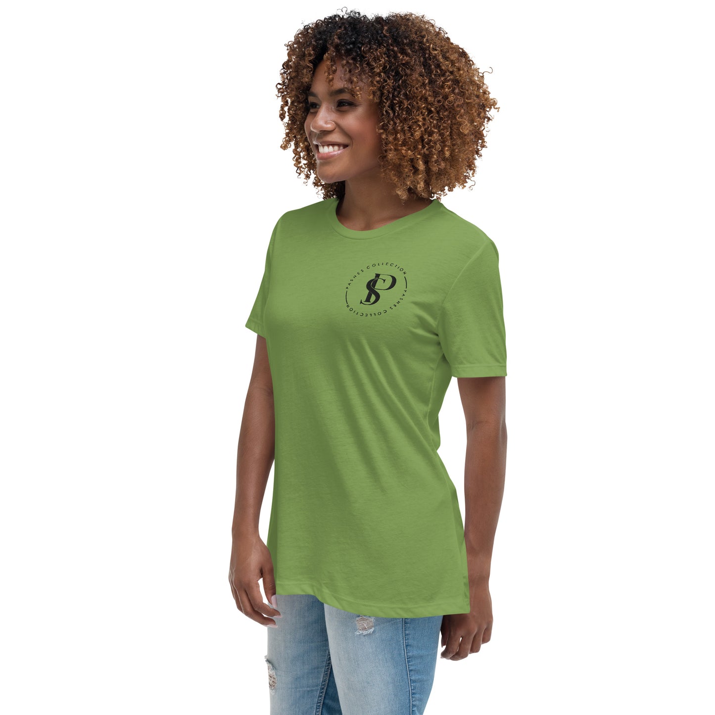 a woman wearing a green t - shirt and jeans