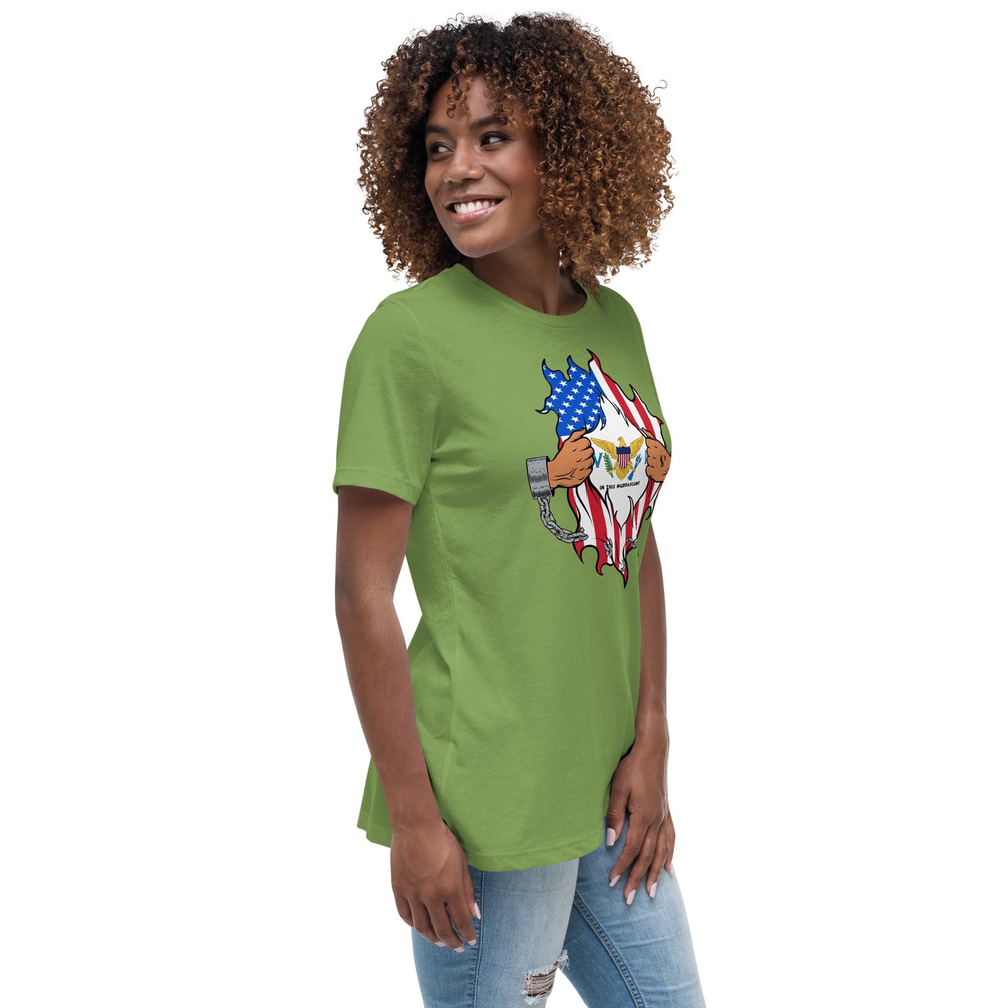 a woman wearing a green t - shirt with an american flag design