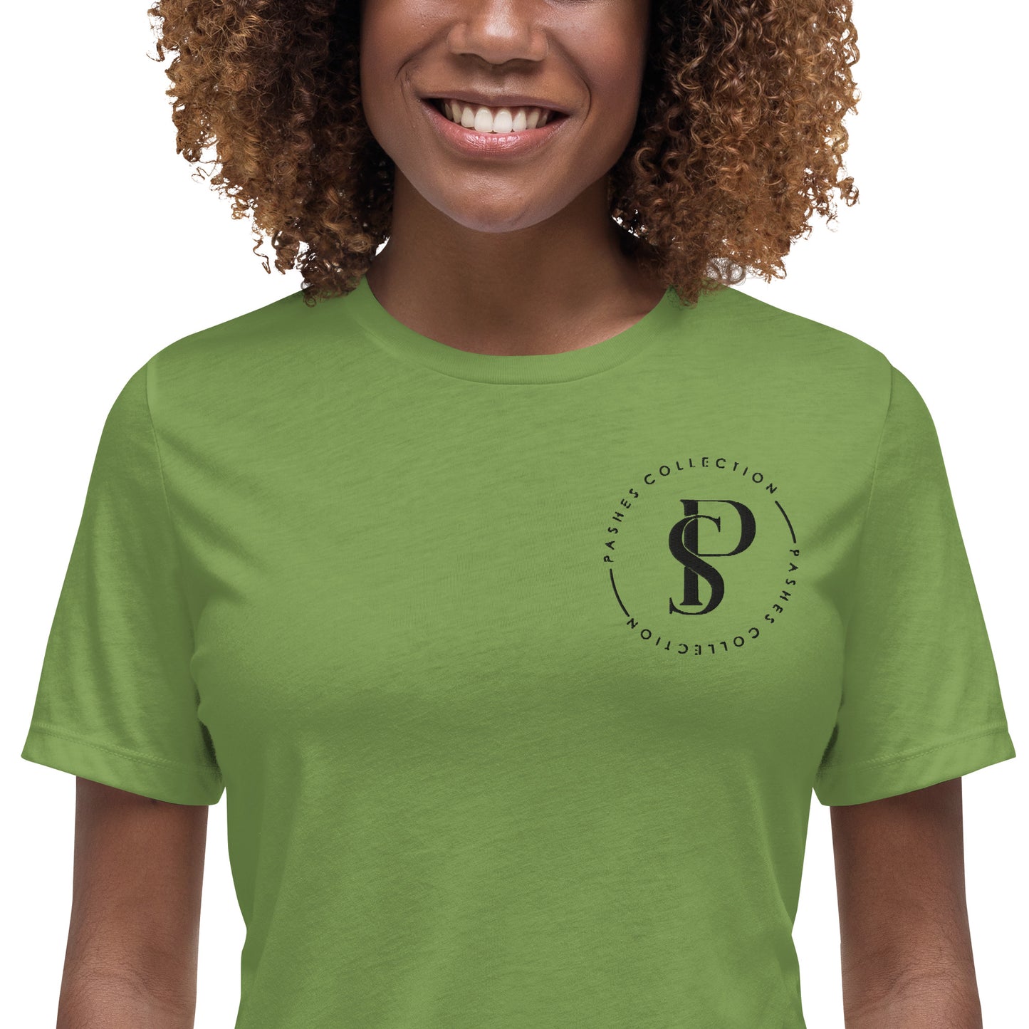 a woman wearing a green t - shirt with a logo on it