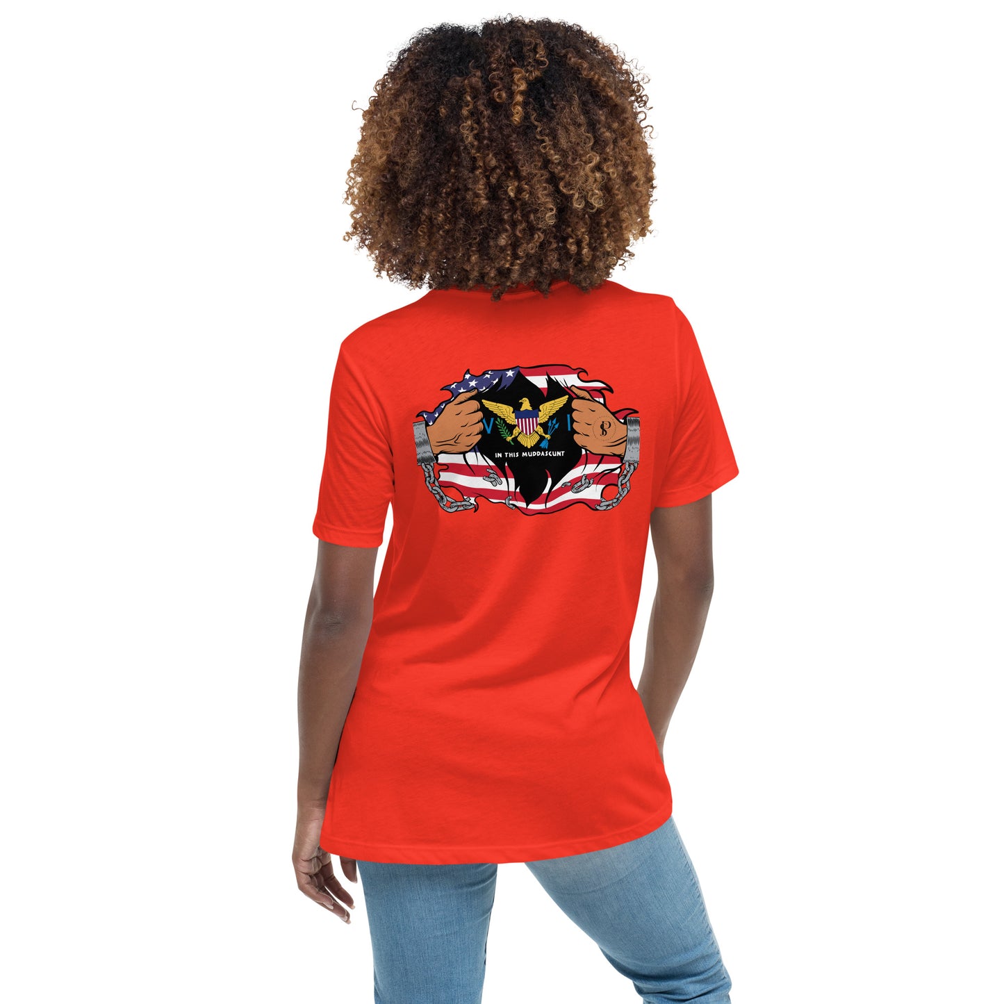 a woman wearing a red t - shirt with a black cat on it