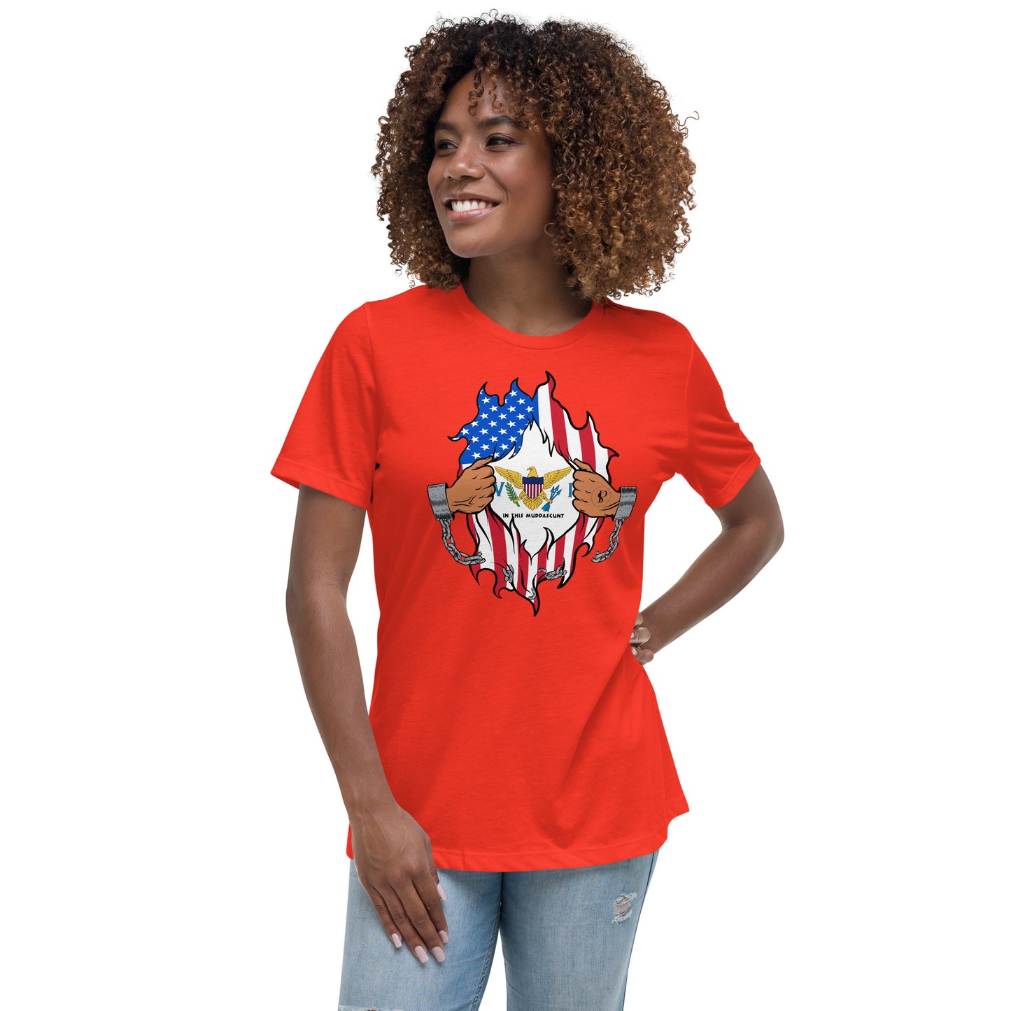 a woman wearing an american flag t - shirt