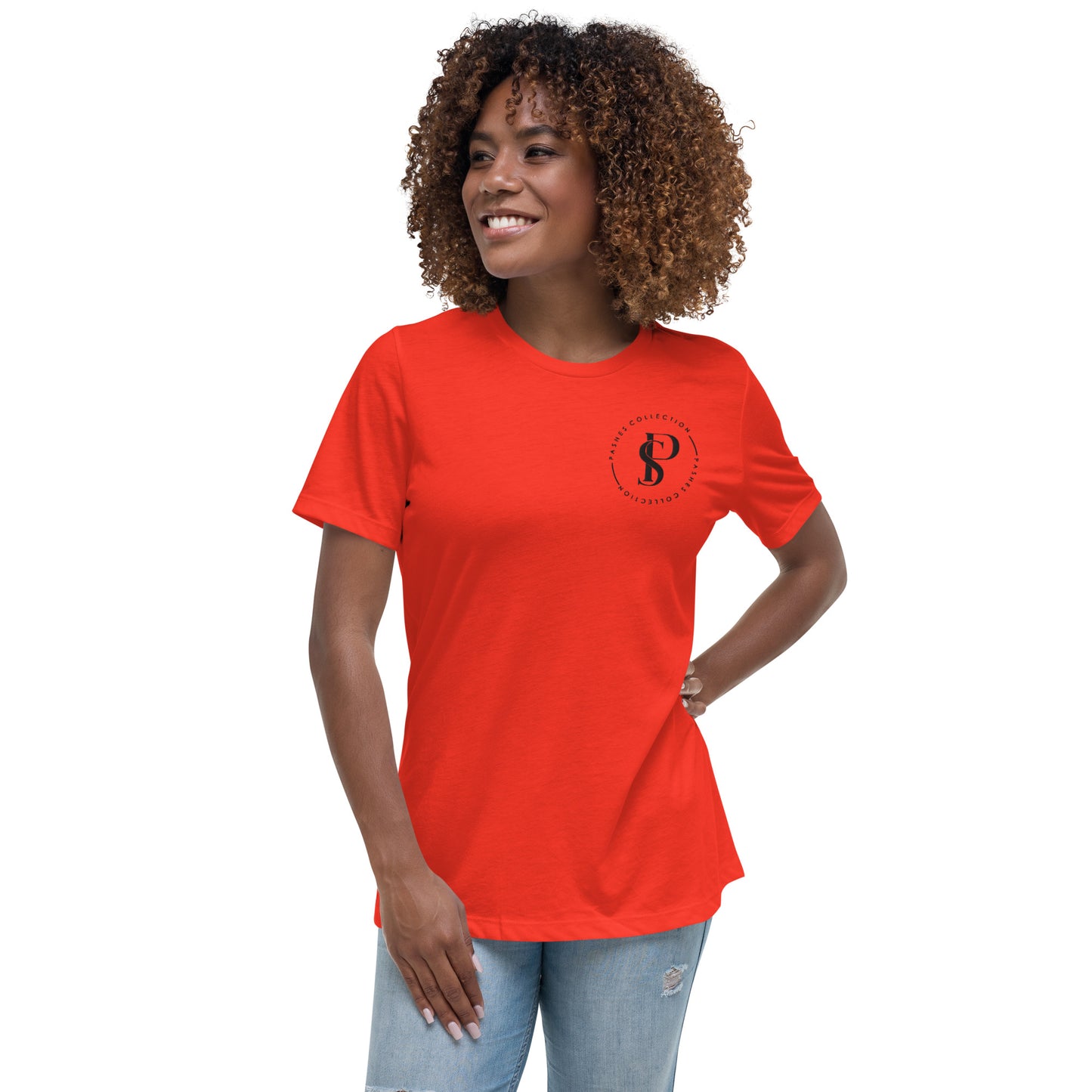 a woman wearing a red shirt with a logo on it