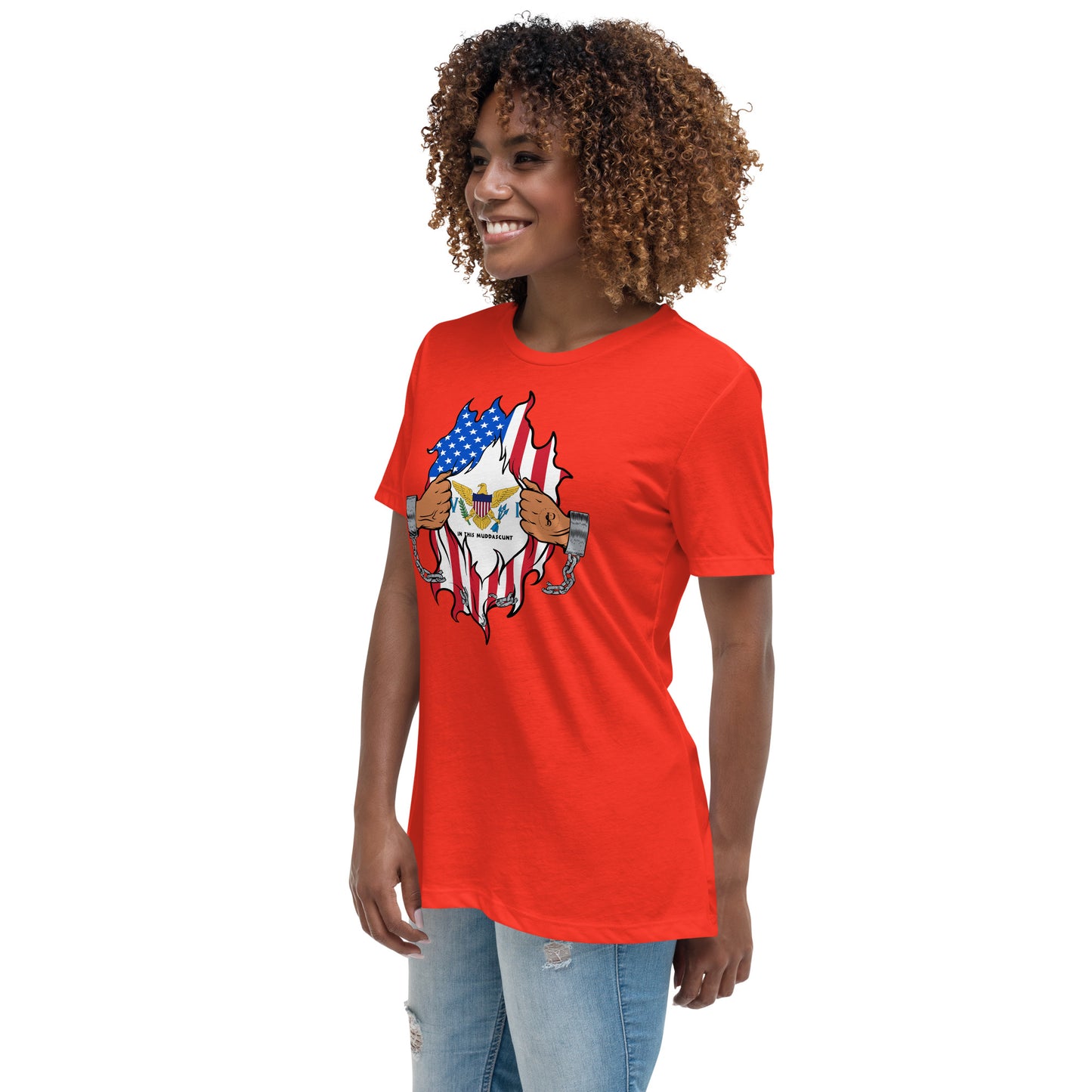 a woman wearing an american flag t - shirt
