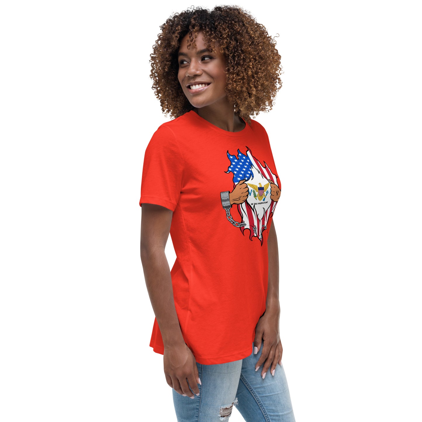 a woman wearing an american flag t - shirt