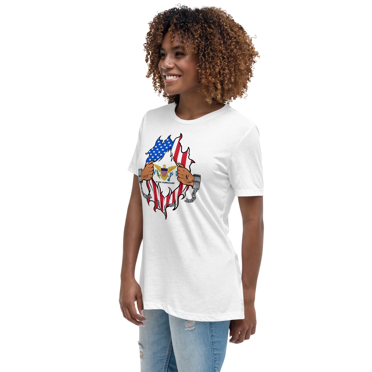 a woman wearing a white t - shirt with an american flag on it