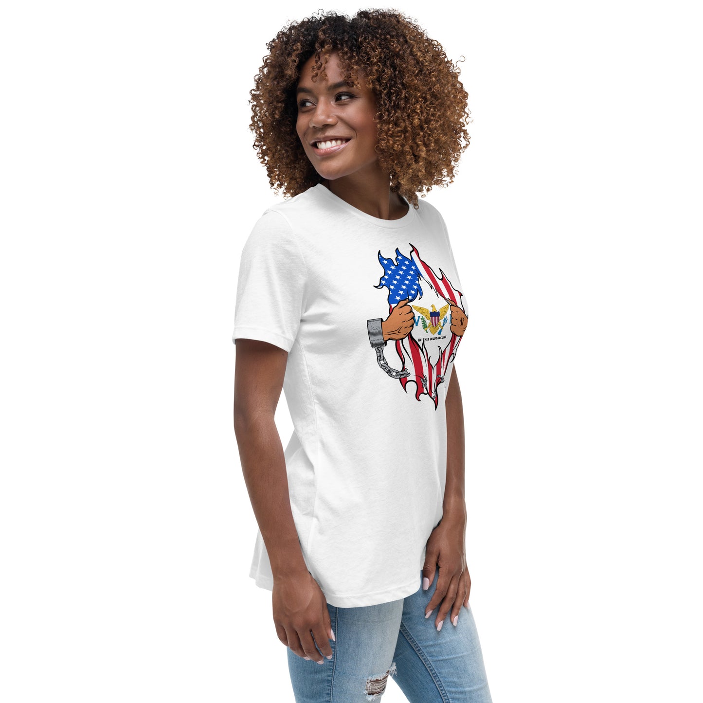 a woman wearing a white t - shirt with an american flag on it