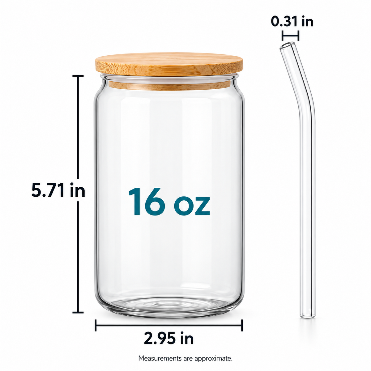 16 oz glass cup measurements: 5.71 inches tall excluding lid, 2.95 inches wide; straw diameter 0.31 inches