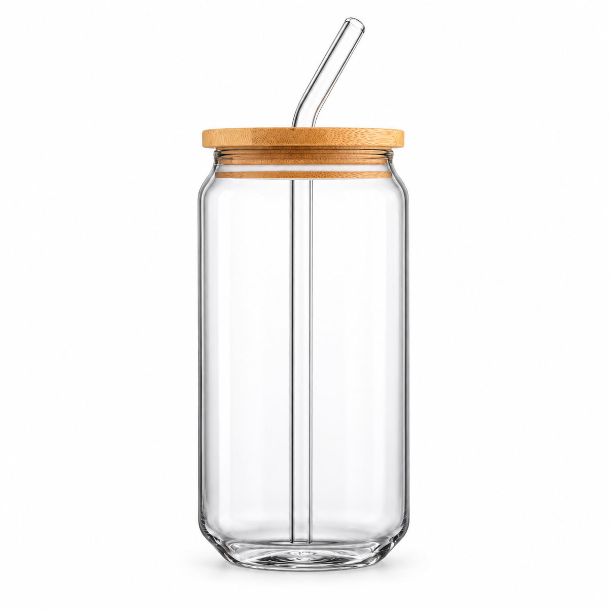 Clear glass cup with bamboo lid and glass straw on white background