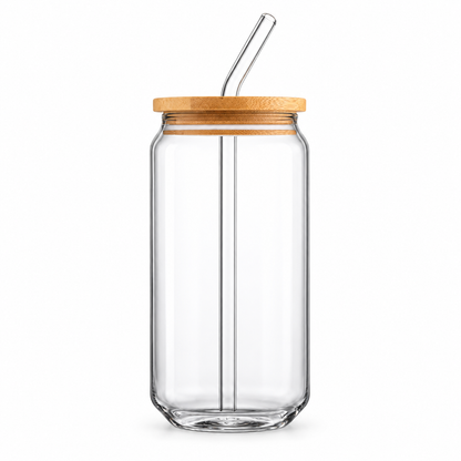 Clear glass cup with bamboo lid and glass straw on white background