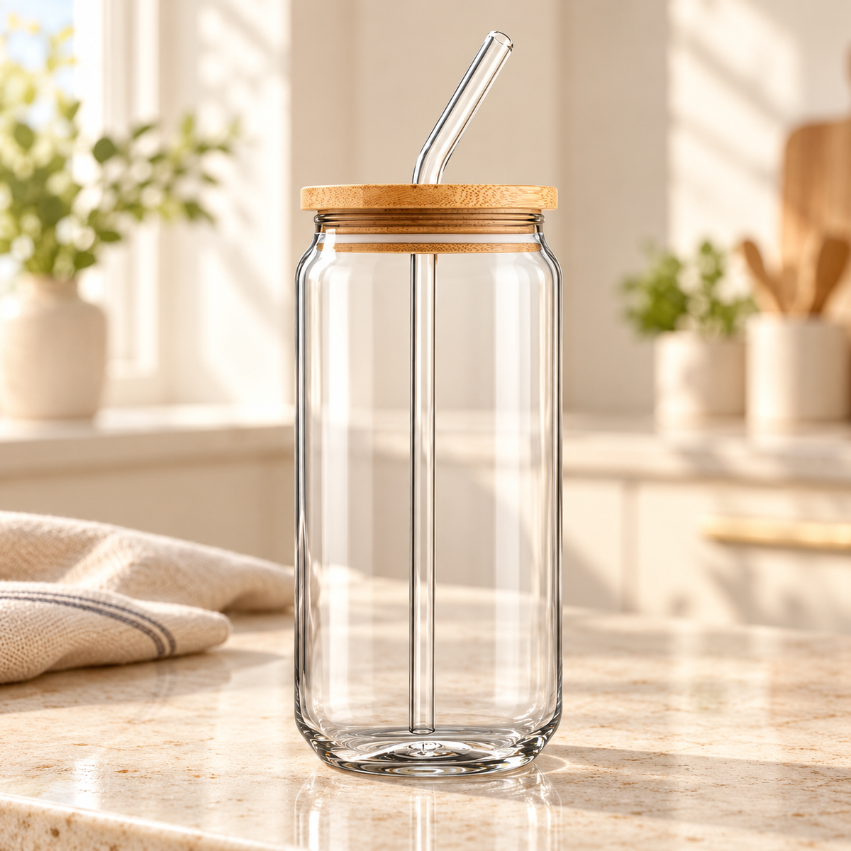 Clear glass cup on a warm kitchen countertop