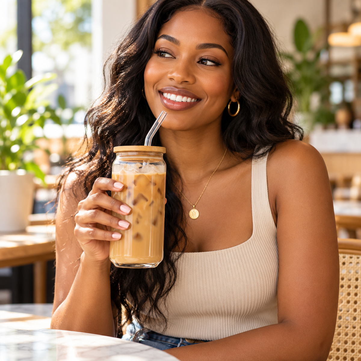 Woman holding clear glass cup at a café