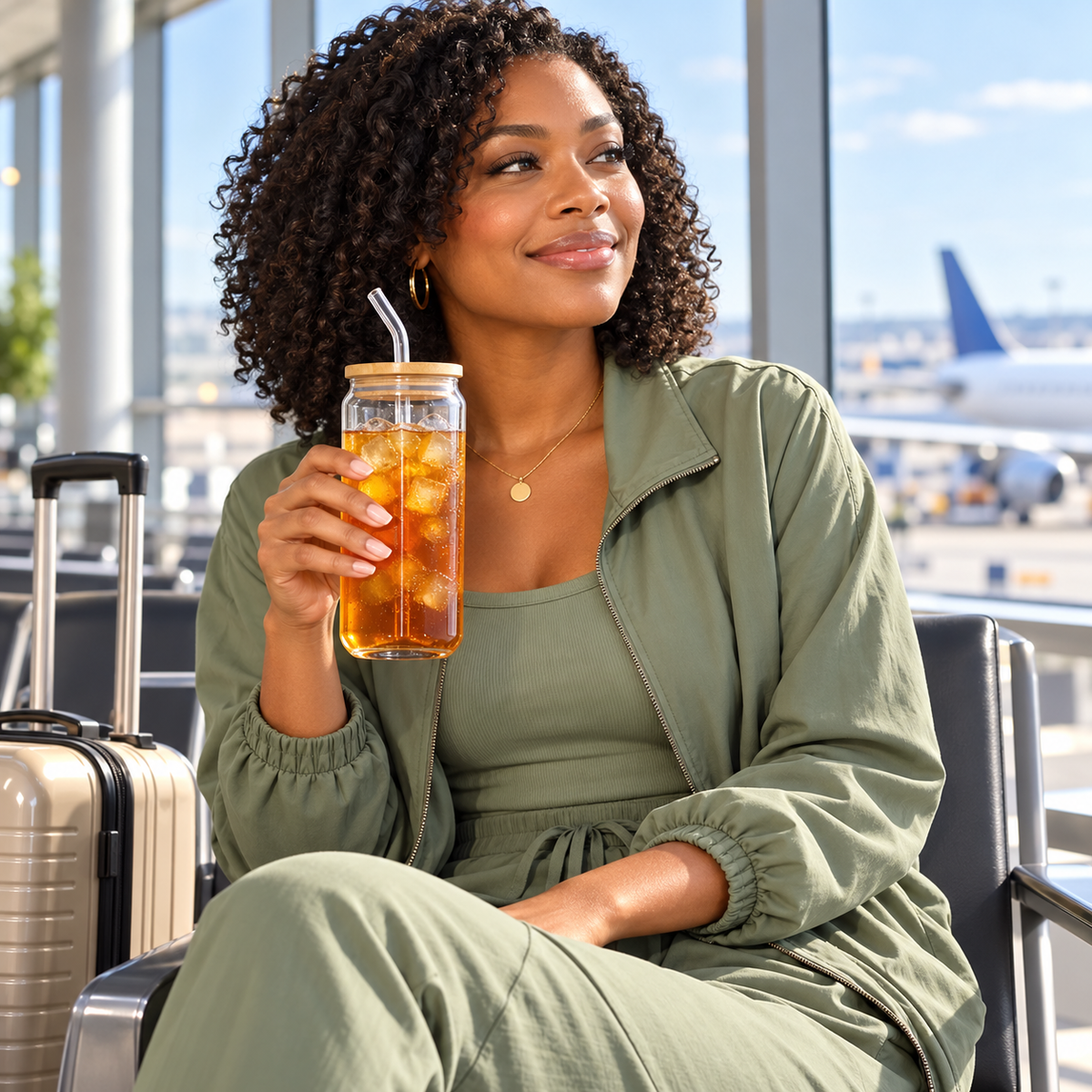 Woman holding clear glass cup at an airport