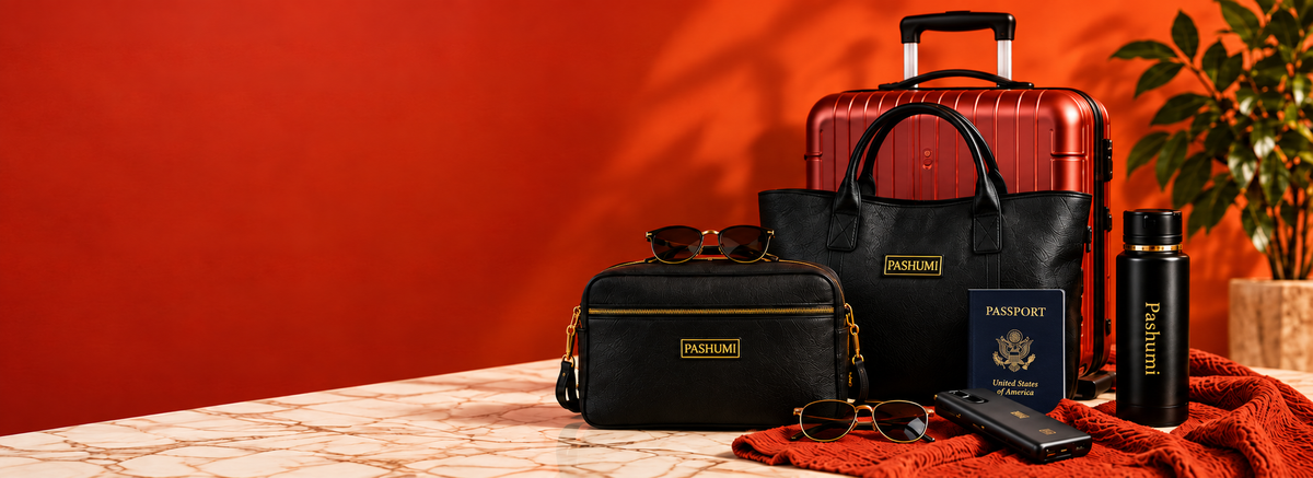 Pashumi travel bags and water bottle with a navy United States passport and red suitcase